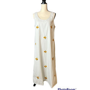 Denim Du Jour Midi Dress with Embroidered Sun Flowers and Side Slits Size Large